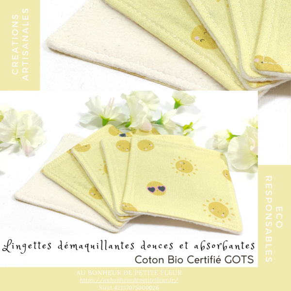 Lingettes démaquillantes Bio Pois Soleil, douces et absorbantes, lavables et réutilisables.