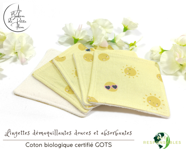 Lingettes démaquillantes Bio Pois Soleil, douces et absorbantes, lavables et réutilisables.