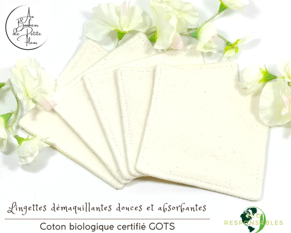 Lingettes démaquillantes Bio Pois Soleil, douces et absorbantes, lavables et réutilisables.