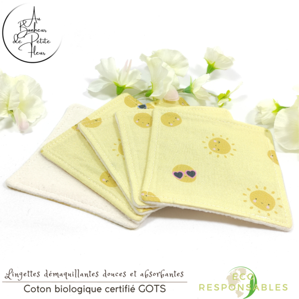 Lingettes démaquillantes Bio Pois Soleil, douces et absorbantes, lavables et réutilisables.