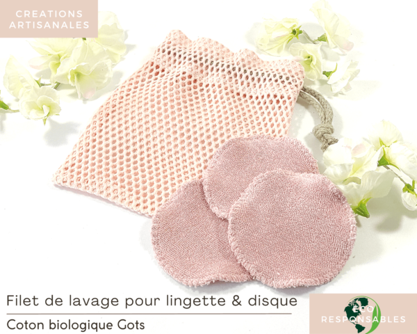 Filet de lavage pour lingettes rose en coton Biologique