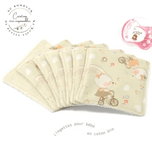 Lot de 7 Lingettes pour bébé douces et moelleuses, lavables, réutilisables et bio en tissu Oursons beiges, blanches, roses, oranges, bleues et marrons.