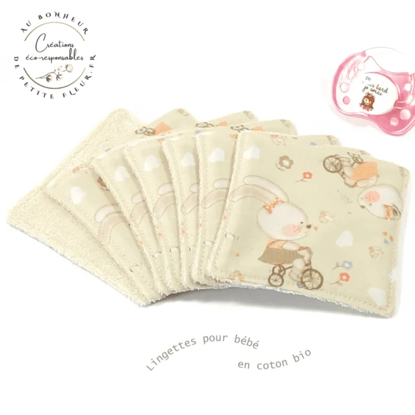 Lot de 7 Lingettes pour bébé douces et moelleuses, lavables, réutilisables et bio en tissu Oursons beiges, blanches, roses, oranges, bleues et marrons.