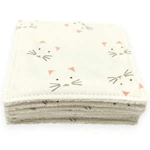Lingettes pour bébé lavables et réutilisables en coton bio au motif chat, douces et écologiques, idéales pour la peau sensible de votre enfant.