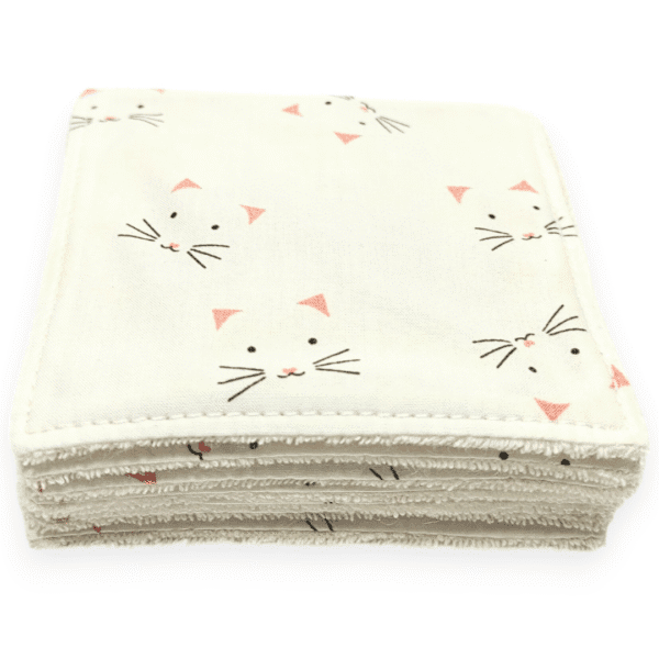 Lingettes pour bébé lavables et réutilisables en coton bio au motif chat, douces et écologiques, idéales pour la peau sensible de votre enfant.