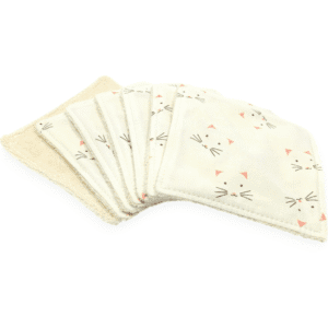 Lingettes pour bébé lavables et réutilisables en coton bio au motif chat, douces et écologiques, idéales pour la peau sensible de votre enfant.