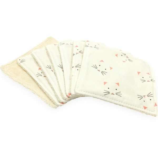 Lingettes pour bébé lavables et réutilisables en coton bio au motif chat, douces et écologiques, idéales pour la peau sensible de votre enfant.