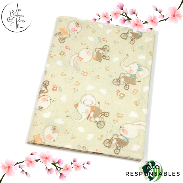 Protège cahier en tissu Oursons à vélo Petit format / 17 cm x 22 cm / coton bio