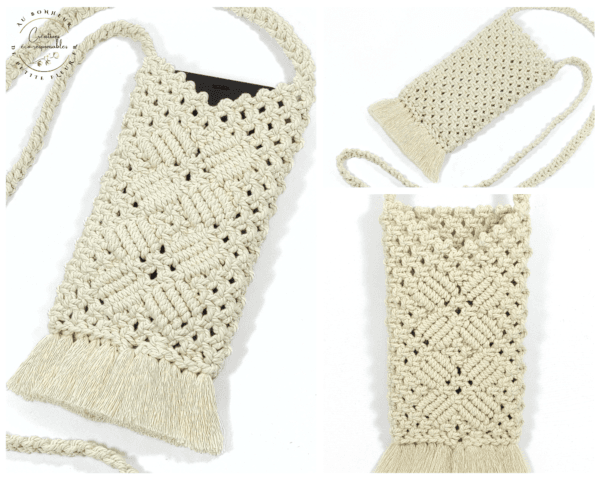 Cette Pochette bandoulière écru pour téléphone portable en macramé, vous permet de garder votre téléphone portable toujours à portée de main. Dans la Pochette bandoulière écru pour téléphone portable en macramé, vous pouvez y glisser : un téléphone de 17 cm de haut sur 8 cm de large et 1,5 cm d'épaisseur, un étui à lunettes de 17 cm de haut sur 8 cm de large et 4 cm d'épaisseur, un petit carnet avec son crayon, votre tube de rouge à lèvre, votre porte-monnaie, vos clés ou vos cartes... Profondeur intérieur de la pochette 17,5 cm Largeur intérieur 10 cm Hauteur de la pochette 22,5 cm largeur extérieur 10,5 cm Longueur le la bandoulière 120 cm