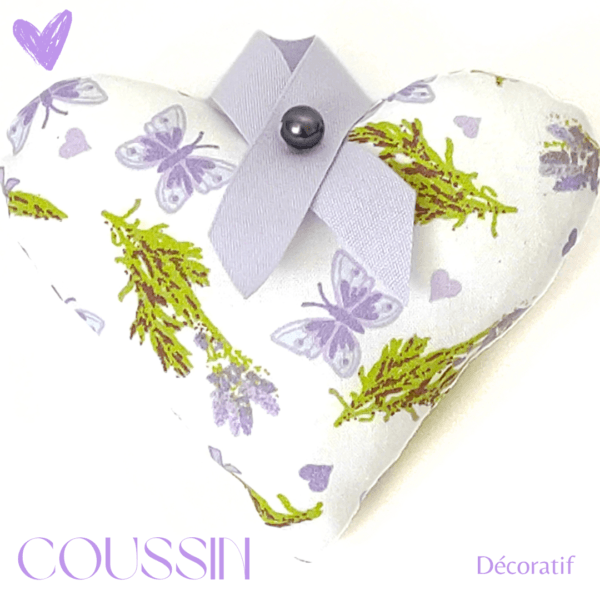 Coussin cœur en tissu à suspendre / coussin violet, vert et blanc / Déco lavande / Coussin à poser / Décoration maison / Idée cadeau