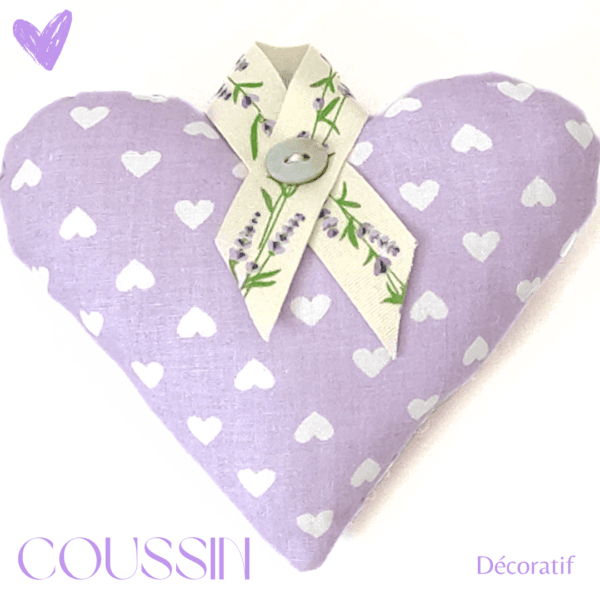 Coussin cœur en tissu à suspendre / coussin violet, vert et blanc / Déco lavande / Coussin à poser / Décoration maison / Idée cadeau