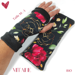 Mitaines pour femme noires rouges et vertes en jersey et polaire OEKO-TEX Standard 100 Fleurs d'or noir